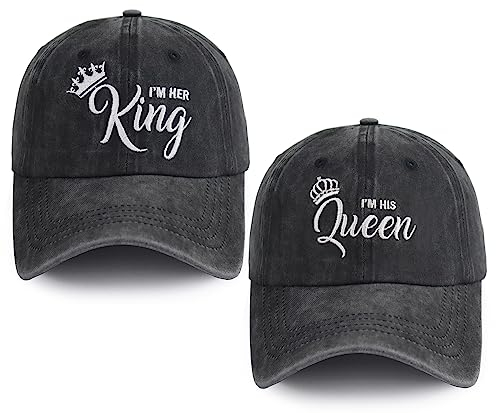 Baseballkappe mit Aufschrift I'm Her King and I'm His Queen, verstellbar, gewaschene Baumwolle, passendes Hochzeitsgeschenk, Baseballkappe, 2 Stück, Schwarz, Einheitsgröße