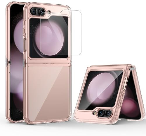 HWeggo Coque pour Samsung Galaxy Z Flip 5 avec Protecteur d'écran, Etui Slim Transparent avec Dos en PC Rigide et Bords en TPU Souple,Anti-Vibration Cover de Protection pour Z Flip 5,Rose Cadre