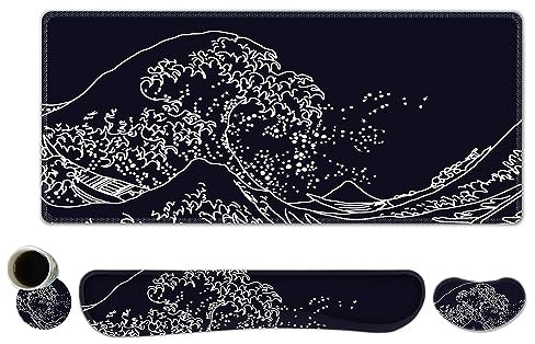 ToLuLu Extended Gaming Mouse Pad, Memory Foam Ergonomic Keyboard Mouse Wrist Rest Support Set, Large Desk Mat with Stitched Edges, Non-Slip Base Mousepad for Home Office Game, Black Wave of Kanagawa
