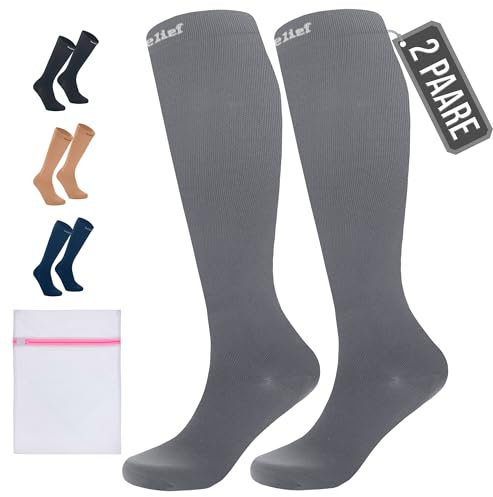 360 Relief Kompressionsstrümpfe Damen und Herren - 2 Paare Kompressionssocken Einfarbig für Sport, Laufen, Flug, Reise, Joggen, Radsport, Kniestrümpfe, XXL Grau mit Wäschenetz