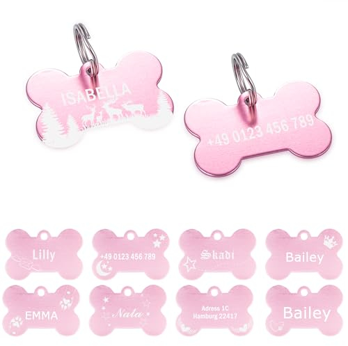 2 Stücke Hundemarke mit Gravur Hundeknochen Adressanhänger Rosa Hund ID Tag mit Schlüsselring Haustier Adressschild Adressmarke für Hundehalsband