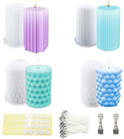 TZEKING 216PCS Moldes Velas Siliconas Set,4 Moldes de Silicona para Velas+200 Mechas+2 Soportes+10 Pegatinas,Moldes Para Velas Siliconas 3D,Moldes de Silicona para Hacer Velas,Para Hacer Velas, Etc