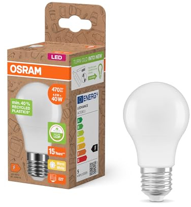 LEDVANCE LED Lampen, klassische A Kolbenform aus recyceltem plastik, Lebensdauer bis zu 15.000 h, 2.700 K, 4,9W, 470 Lumen, E27, IP20, Single-pack