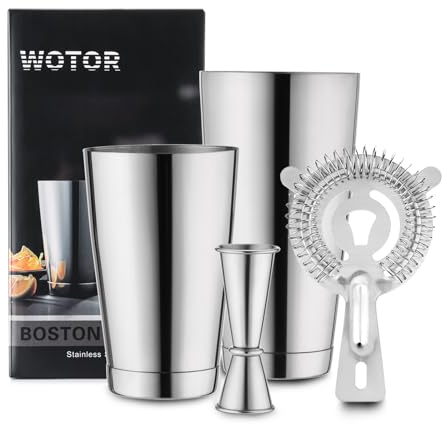 WOTOR Boston Cocktail Shaker Set, 530 ml & 830 ml Stainless Steel Weighted Shaker Tins, Strainer, Double Measuring Jigger, Professional Bar Tools for Bartender (Silver)