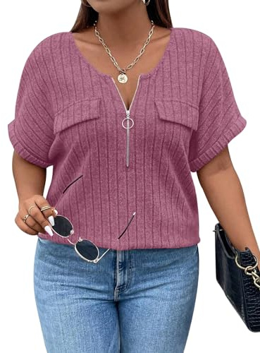 Gemulate Plus Size Tops for Women V Neck Zipper T-Shirts Oversized Ladies Tops Ribbed Short Sleeve Tunic Top Loose Casual Lightweight Shirt Blouses XL-5XL
