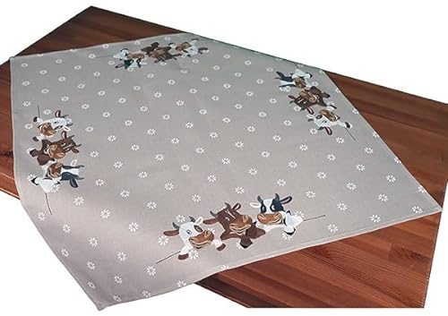 KAMACA Tischdecke Frühling Sommer Bauernhof Dekor Filigrane Stickerei Kurbelstickerei Waschbar Küche Esstisch Tisch Dekoration (85x85cm Lustige Kühe)