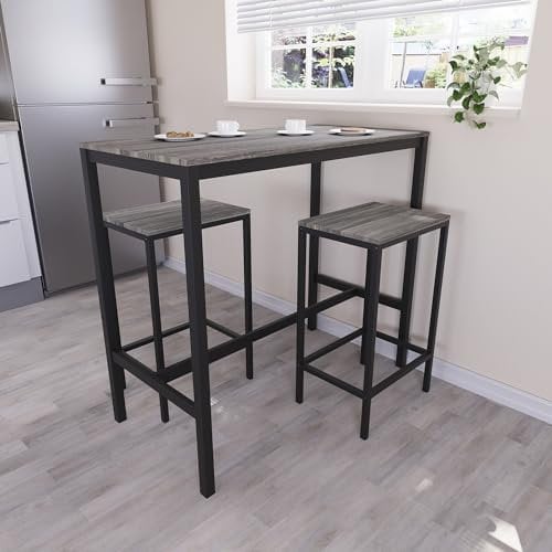 Vida Designs Roslyn 2 Seater Bar Table Set, Breakfast Bar Table with 2 Bar Stools, Industrial Steel Frame (Grey)