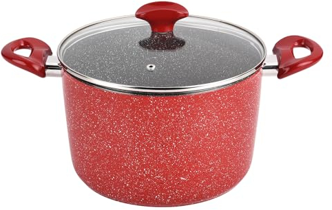 Oliver Voltz Tiefer Kochtopf mit Glasdeckel und Griffen, PFOA-Frei, Marmorbeschichtung, Induktion, Spülmaschinenfest, 24 cm, 5,9 Liter, 4 mm Dicke, Rot