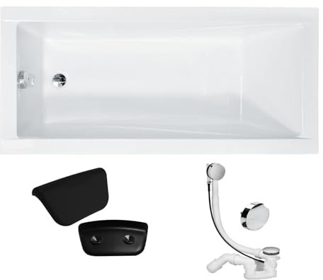 KOLMAN Badewanne MODERN Rechteck 130x70 ohne Verkleidung + Kopfstütze, Ablaufgarnitur und Füßen Komplettset 4in1 Premium Original Acryl Wanne Siphon