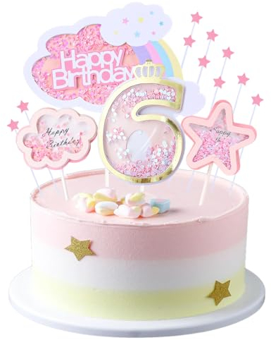 Kawailay 6 Geburtstag Tortendeko Mädchen 6th Geburtstag Kuchendeko Happy Birthday Regenbogen Cake Topper Wolken Sterne Kuchen Deckel für Mädchen Geburtstag - Rosa