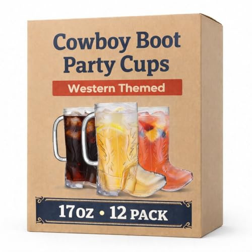 JoyServe Cowboy Boot Cups - (Pack of 12) 17oz Drink Mugs, Reusable BPA-Free Plastic Mug, for Western Themed Rodeo Birthday Party Decorations and Supplies