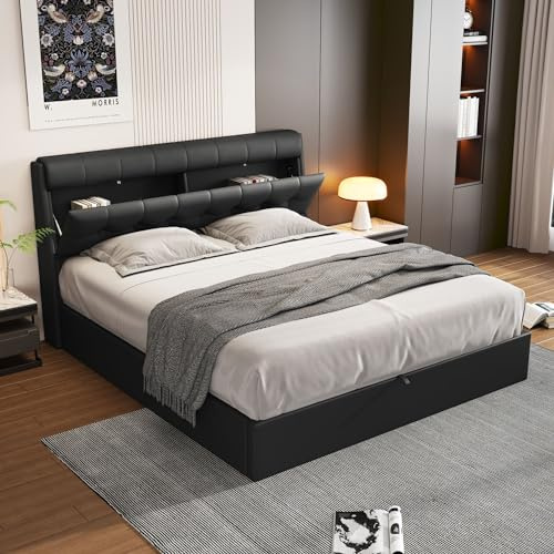 Jovify Ottoman Lift Storage Beds, 5ft King Size Hydraulic Beds with Concealed Storage Headboard, PU Leather Functional Bed Upholstered Bed Frame with Gas Lift Up Underbed Bed Box, Black, No Mattress