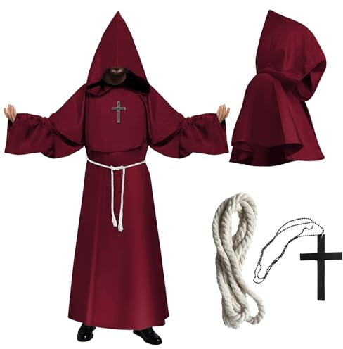 Puddry Costume Monaco, Halloween Adulto Uomo Donna, Vestito Mantello Con Cappuccio, Cintura di Corda e Collana di Croci, Cosplay Carnevale