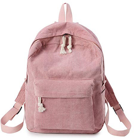 Sac à dos vintage en velours côtelé pour femme, sac à dos d'école, sac à dos, sac à bandoulière, couleur unie, rose