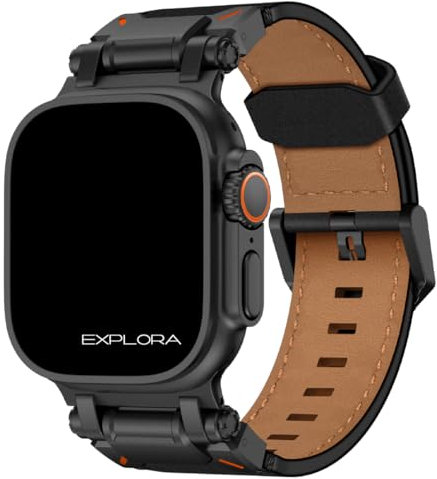 Premium Lederarmband Explora für Apple Watch Ultra 2 I Ultra I 10 I 9 I 8 I SE I Armband für Apple Watch Ultra 2 I Armband Leder (44 I 45 I 46 I 49 mm) (Schwarz|Schwarz)