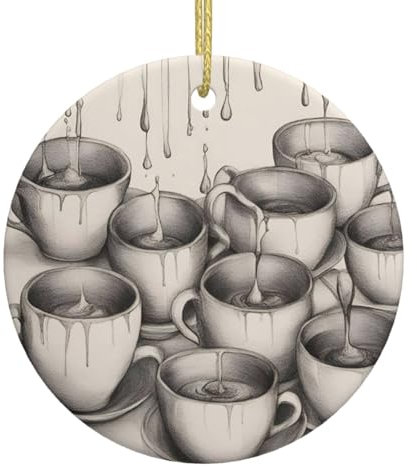 Hand Drawn Teapots and Cups Print Circular Ceramic Christmas Ornaments,Festive Hanging Decorations for Your Xmas Tree