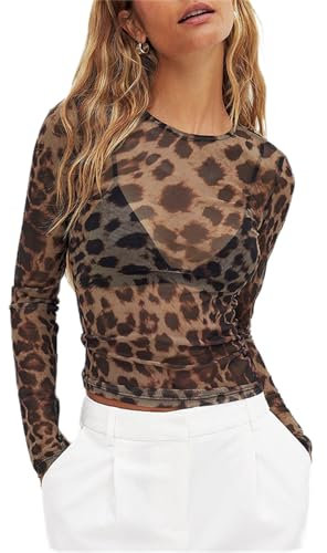 Geagodelia Leopard Print Mesh Tops for Women Y2K Slim Fit Long Sleeve Sexy See Through Fitted Layering Tops Going Out Tops Teens Girls Crop Top (Dark Brown, M)