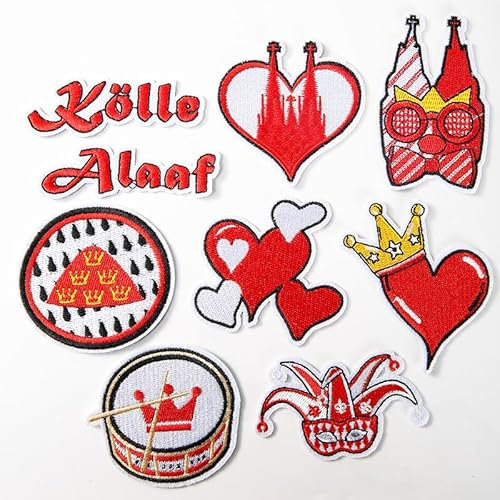 9 Stück Kölner Karneval Rot Weiß Bügelflicken,Kleidung Accessoires Karneval，Applikationen für Kleidung, Hosen, Hüte, Jeans, Nähen, Bastelzubehör，bügelbilder karneval.