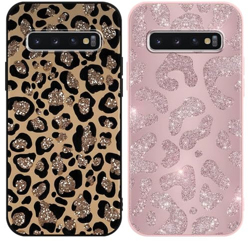 Phoona 2 Stück Handyhülle für Samsung Galaxy S10 (4G) Hülle 6,1, Aesthetic Muster Glitzer Motiv Weiche TPU Ultra Dünn Silikon Schutzhülle Kratzfeste Stoßfest Bumper Case für Mädchen, Leopard