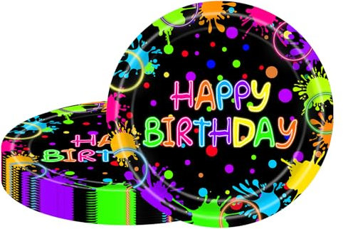 MORAINJAY 16 Stück Neon Glow Pappteller Geburtstagsdeko, Geburtstag Party Geschirr, Leuchtende Partygeschirr Set, Kindergeburtstag Set mit 9 Zoll Pappteller Geschirr Set für Geschirr Schwarzlicht