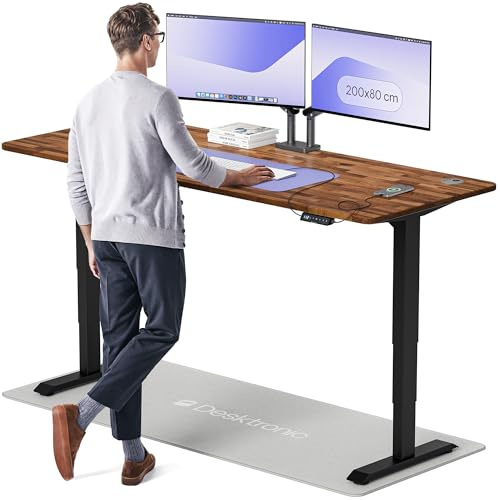 Desktronic Höhenverstellbarer Schreibtisch aus massivem Nussbaumholz (200x80cm) – Elektrisch höhenverstellbar mit flüsterleisem Dual-Motor & Touchscreen – Hohe Tragfähigkeit – Stehtisch HomePro