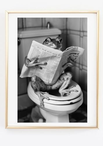 Kunstdruck Din A4 - Lustiger Frosch mit Zeitung auf dem Klo - Frosch im Bad - Dusche Badezimmer Gäste WC Toilette Klo - Druck Poster Bild Deko - ohne Rahmen