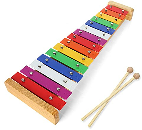 CertBuy Xylophon Glockenspiel mit 15 Tönen, buntes Holz-Xylophon mit 2 Schlägeln, Musikinstrument für Anfänger