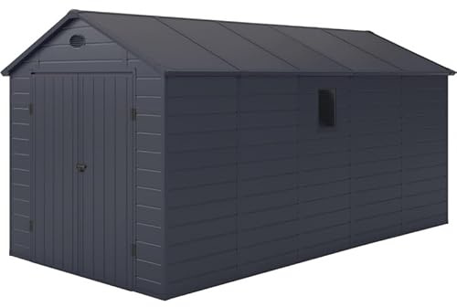 Jôbu Abri de Jardin en Résine Anthracite 11m² | Structure Acier Galvanisé | Toiture Double Pente avec Kit de Fondation | Double Porte Verrouillable | Résistant aux Intempéries | 239x184cm