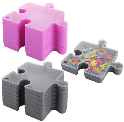 WOPPLXY 14 PCS Puzzle Sorting Trays with Lids, Stackable Jigsaw Sorting Trays Puzzles Holder up to 1000 Pieces, Plastic Puzzle Accessories Organisers, Grey and Rose Red