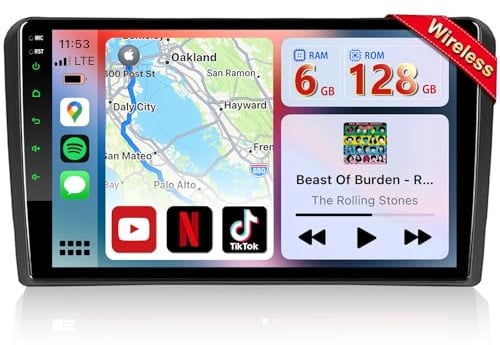 Android Autoradio mit Navi Bildschirm Wireless Carplay Android Auto für Audi A3 S3 RS3 2003-2012, 9 Zoll Android 14 8-Core 6GB+128GB Audi A3 Radio mit Lenkradsteuerung Bluetooth RDS FM GPS WiFi EQ