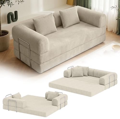 skølm Lofn Schlafsofa 2-Sitzer 200 cm, Cord Beige, mit 2 Kissen, Klappsofa | Ausklappbare Couch zum Bodensofa, Vollschaumcouch Boneless mit Stahlgestell, Cordsofa Wohnzimmer, vakuumverpackt, Klappsofa