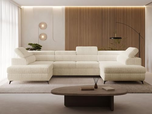 GRAINGOLD Argon U Ecksofa mit Schlaffunktion & Bettkasten 322x190 cm, U-Form Sofa mit Stauraum, Schlafcouch für Wohnzimmer, Velvet-Stoff, 5-Sitzer Wohnlandschaft, Modernes Design (Castel, Beige)