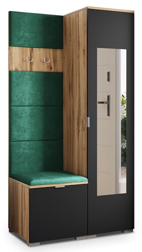 Masseno Flugarderoben Set VIRA, Kleiderschrank-Set mit Spiegel und Sitzbank, Garderobenschrank Flur mit 3 Regalböden, Eiche Wotan/Schwarz