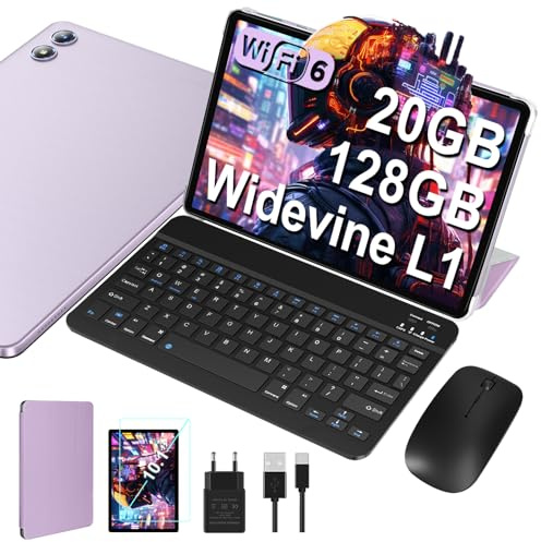JUEDUR Tablet 10 Pulgadas Android, 20GB RAM + 128GB ROM(TF 1TB), Octa-Core, Widevine L1, GMS, 5G WiFi 6, 6000 mAh, 5 MP+8 MP, 1280 * 800 Pixels, BT 5.0, Tablet con Funda, Teclado y Ratón - Veilchen