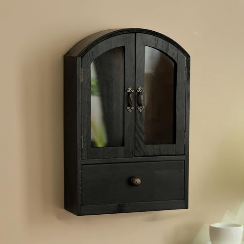 JS Ellie Vintage-Wandschrank aus Holz mit Glastüren – Gewölbte Wandvitrine mit Schublade – Dekorativer Wandschrank für Schlafzimmer, Badezimmer & Küche Black with Doors