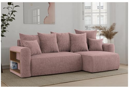 MEBLINI Schlafcouch mit Bettkasten - 238x142x73cm - Altrosa Cordstoff - Solaris - Kleines Ecksofa mit Schlaffunktion - Sofa mit Relaxfunktion und Kissen - Kleine Couch L-Form - Eckcouch