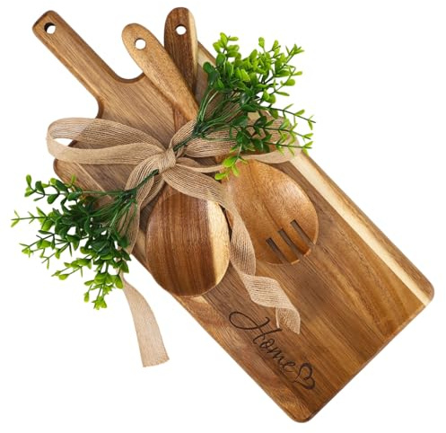 Planche à découper en bois, lot en bois massif avec cuillère à salade et fourchette à salade, plat décoratif de cuisine, cadeau de crémaillère, mariage, nouvelle maison, pour cuisine familiale