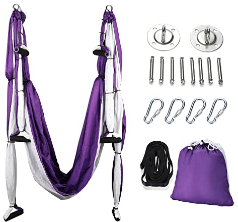 ZELUS Aerial Yoga Swing Sling Strong Yoga Hammock Kit Set Trapeze Inversion Equipment Include 2 Extensions Straps and Ceiling Mounting Kit(Purple)
