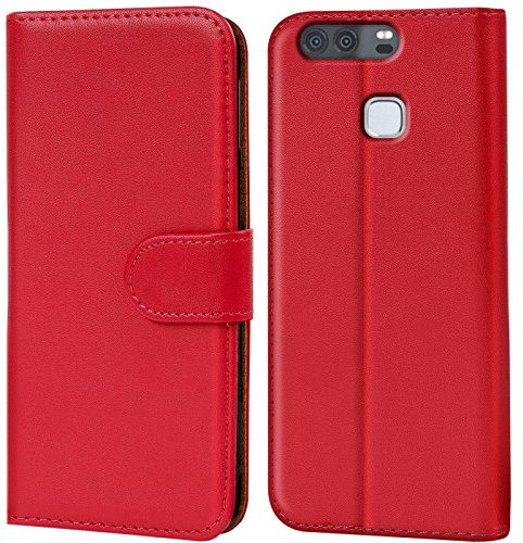Verco Handyhülle für Huawei P9 Hülle, Hülle für Huawei P9 Tasche PU Leder Flip Case Brieftasche - Rot