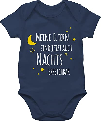 Baby Body Junge Mädchen - Sprüche - Meine Eltern sind jetzt auch nachts erreichbar I - 3/6 Monate - Navy Blau - babyparty geschenk neutral babymode witzig spruch strampler bodys babygeschenk