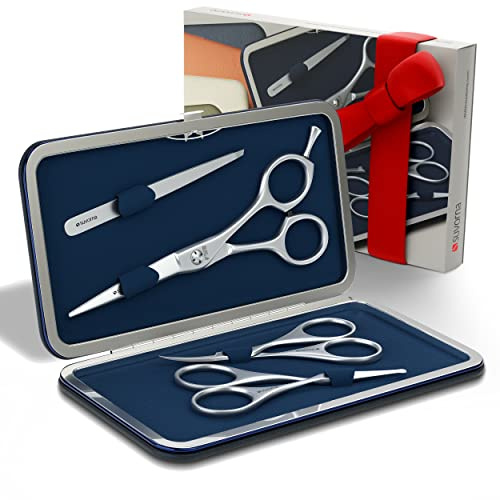 Suvorna Premium Beard & Mustache Set with Beard scissors for men - Facial Hair/Nose/Eyebrow Scissors - Slant Tweezers (4 Pcs Dark Blue)