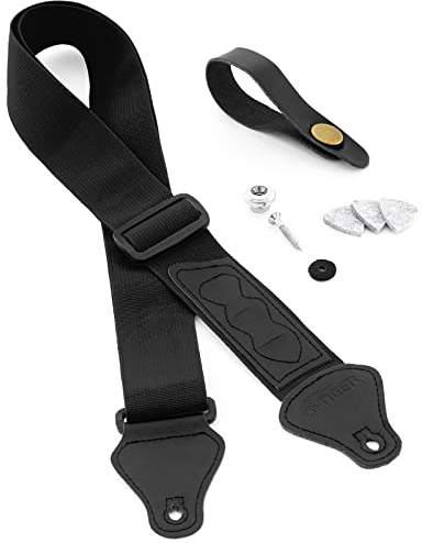 TIGER Ukulele Gurt Pack inkl. Gurt, Kopfplatte Krawatte, Gurtknopf/Endpin und 3 Filzplektren geeignet für Sopran, Konzert, Tenor- und Baritonukulele - Schwarz UAC4-BK-PACK