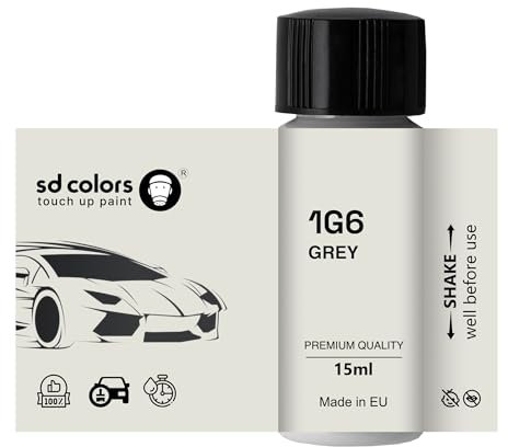 SD COLORS Ausbesserungslack 1G6, 15 ML, Reparatur-Pinsel, Farbcode 1G6, Grau Metallic (Farbe + Klarlack + Grundierung)