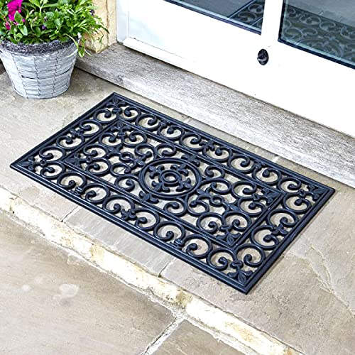 Garden Mile Rubber Door Mat - Outdoor Heavy Duty Large Door Mat - Non Slip Outdoor Mats for Front Door Black Welcome Decorative Ornate Design - Effective Drainage Holes Doormats Outside