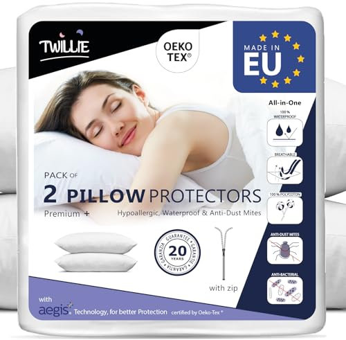 Twillie Protège Oreiller Imperméable (Lot de 2) – pour Oreiller 60x60 cm - Qualité supérieure certifié Oeko-TEX® - Aegis® Hypoallergénique – Anti Acarien, Bactérien – Fabriqué en Europe