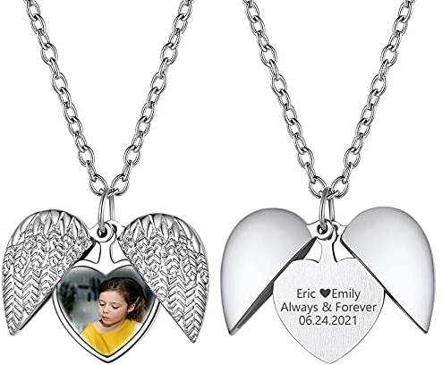 GOLDCHIC JEWELRY Kupfer Herz Flügel Medaillon mit Edelstahl Herz Foto Anhänger Damen Silberfarbe Benutzerdefiniert Medaillon Anhänger zum Öffnen 50cm + 5cm Verlängerungskette