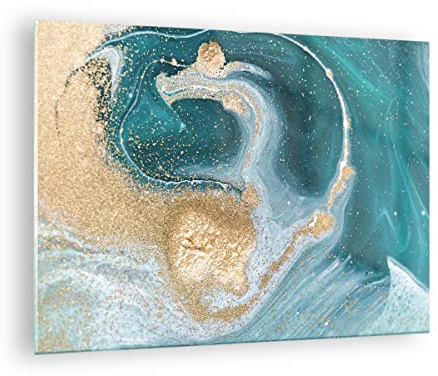 Bilder auf Glas Golden Türkis Hintergrund Glasbild 70x50cm Wandbilder Dekoration Wohnzimmer Schlafzimmer Küche Deko Klein Wanddeko Bild im Glas Wand Kunstdruck Art Modern Wall Decor GAA70x50-4969