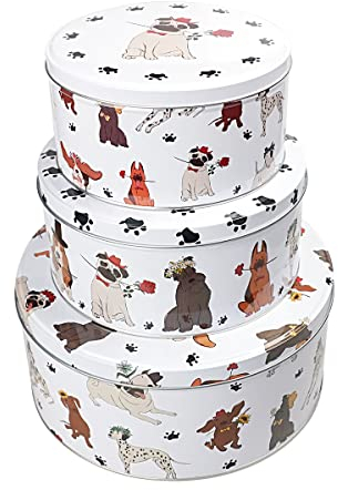 SiXsigma Sports Set of 3 Round Nesting Cake Storage Tins airtight Bakery Large Medium Small Bakery Biscuit Food Sweet Storage tins Food containers lids Kitchen Romantic Dogs (MT-DOG-CTS)