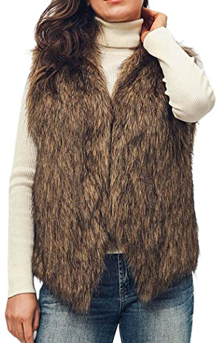 Handcess Damen Kunstpelz Weste Braun Kurzer ärmelloser Mantel Jacke Winter Warme Weste Outwear für Frühling Herbst und Winter(M)