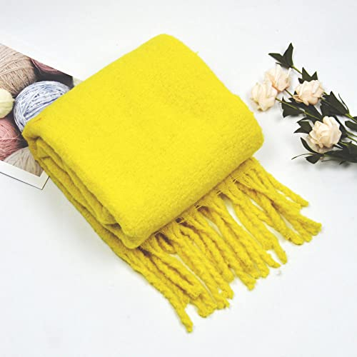 WLLDDDIU Strickschal Damen, Winterschals Gelb Weicher Warmer Schal Dicke Decke Einfarbig Quaste Kaschmir Schal Lang Groß Winterschal Trendige Stola Schals Für Damen Mädchen